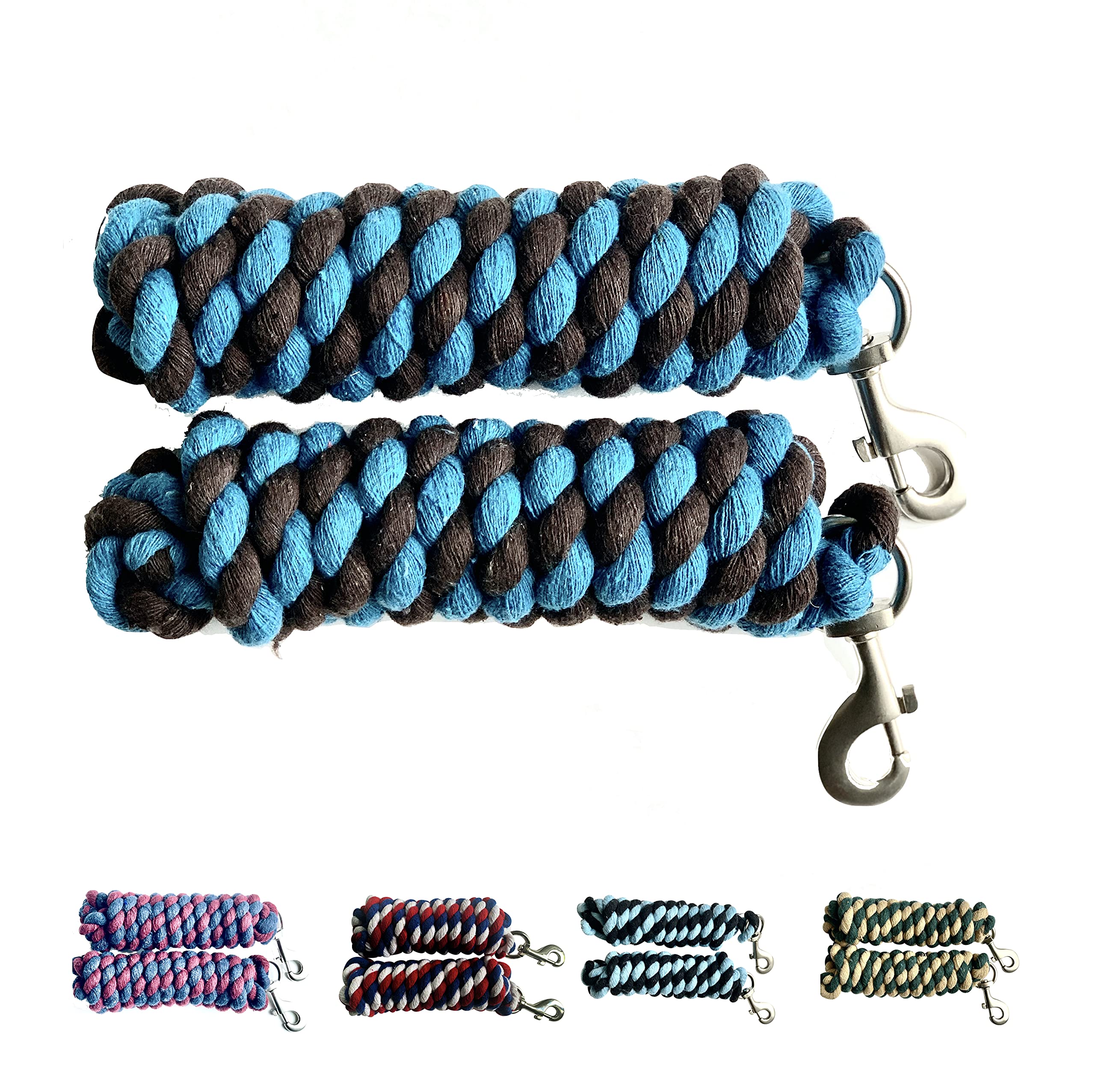 Majestic Ally Pack of 2 Solid Cotton Lead Rope for Horses & Livestock – 10 Foot Long and 5/8 inch Thick - Replaceable Heavy-Duty Satin Bolt Snap – Handmade – Soft, Broken in Feel (Turquoise -Brown)