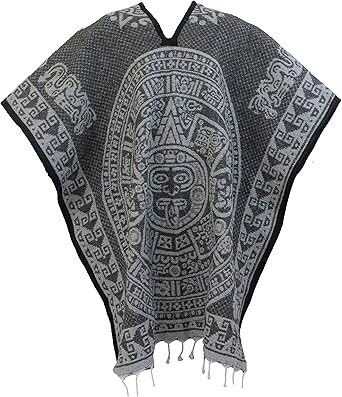 Amazon Com Authentic Mexican Poncho Reversible Cobija Blanket Aztec Calendar Grey On Grey Clothing