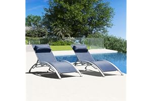 SHPAI Outdoor Chaise Lounge Set of 2, Aluminum Patio Outdoor Lounge Chair for Beach Pool Sunbathing, Lawn Lounger Recliner Chair with 5 Adjustable Position, Outside Tanning Chairs with Armrest, Blue