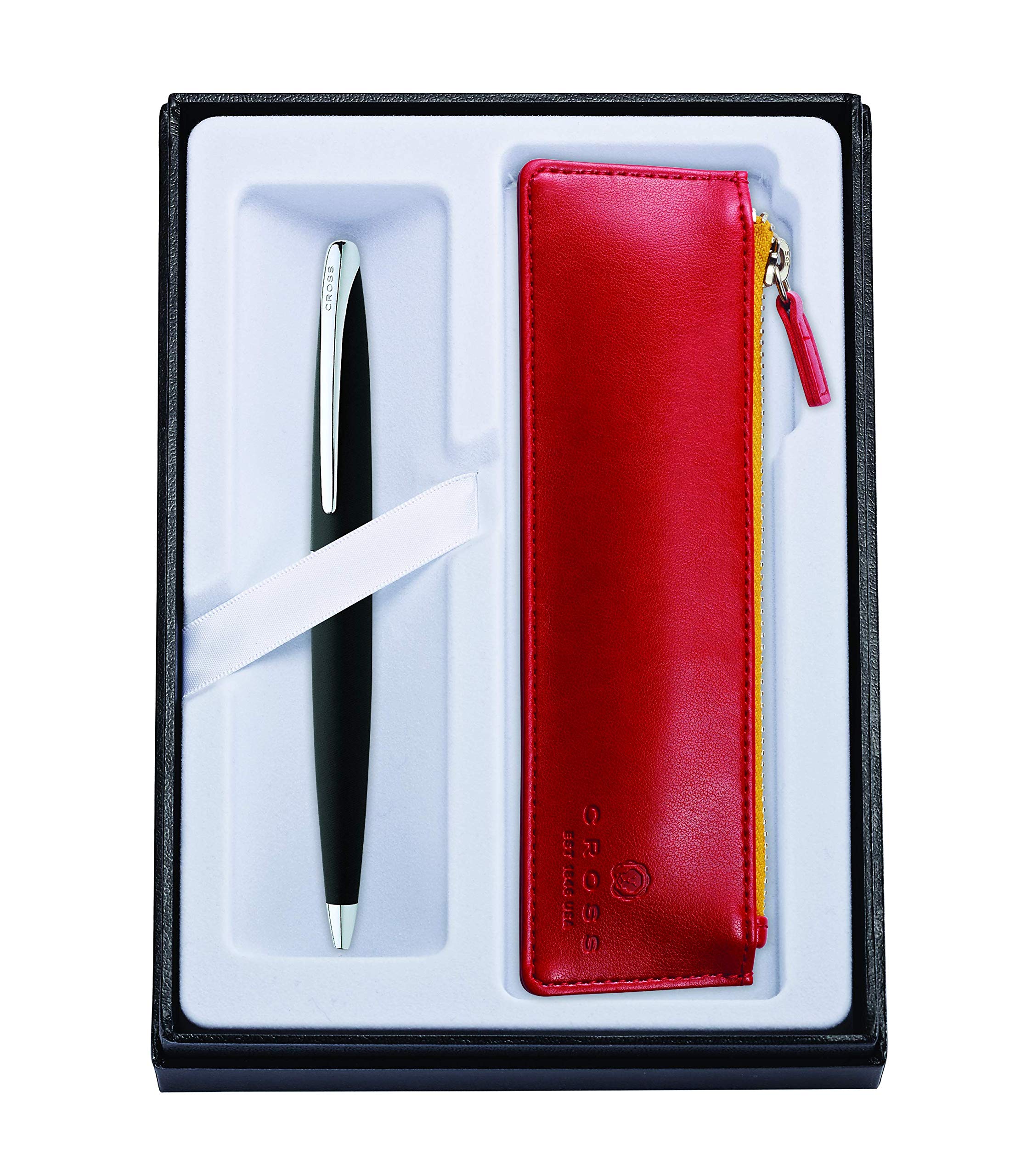 CROSS ATX Black Gift Set with Ballpoint Pen and Crimson Red Zip Pen Pouch incl. Premium Gift Box