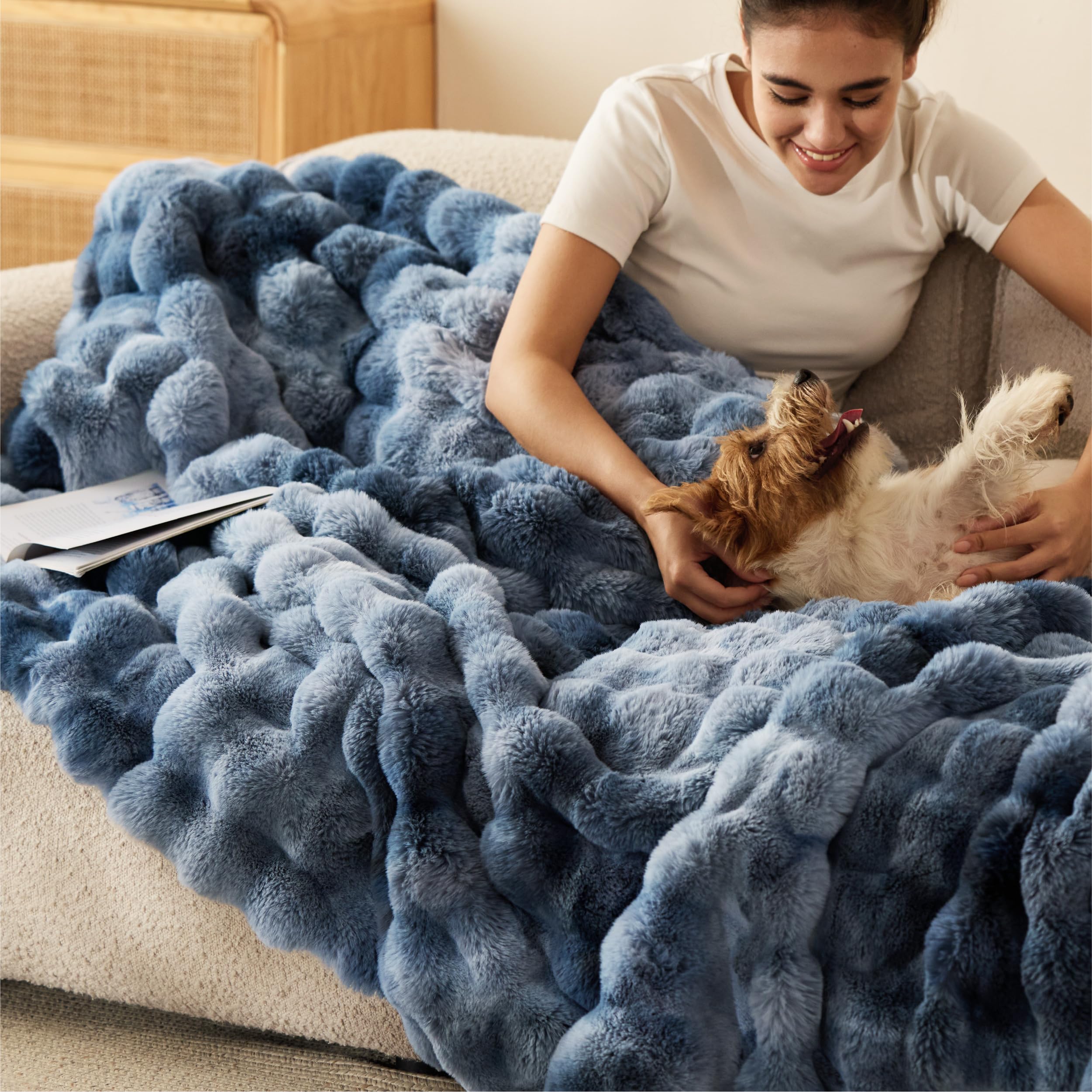 Bedsure GentleSoft Faux Fur Throw XL Blanket, Fluffy Fuzzy Large Throw Blanket for Bed, Soft Cozy Spring Bedding Minky Velvet Couch Cover, Thick Warm Plush Women Men Birthday Gifts, Tie-dye Blue