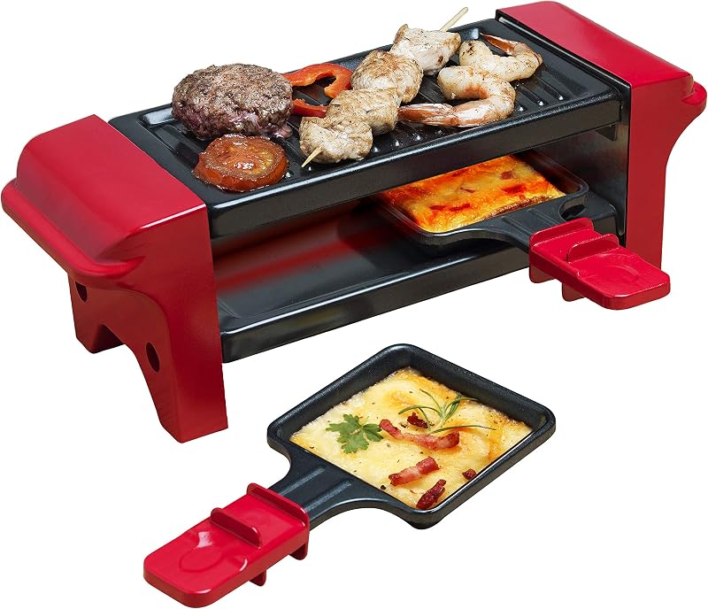 Appareil a raclette, Mini Grill pour 1 à 2 personnes, avec 2 poêlons et 2 spatules, avec revêtement antiadhésif, 350 Watts, couleur: Rouge/Noir