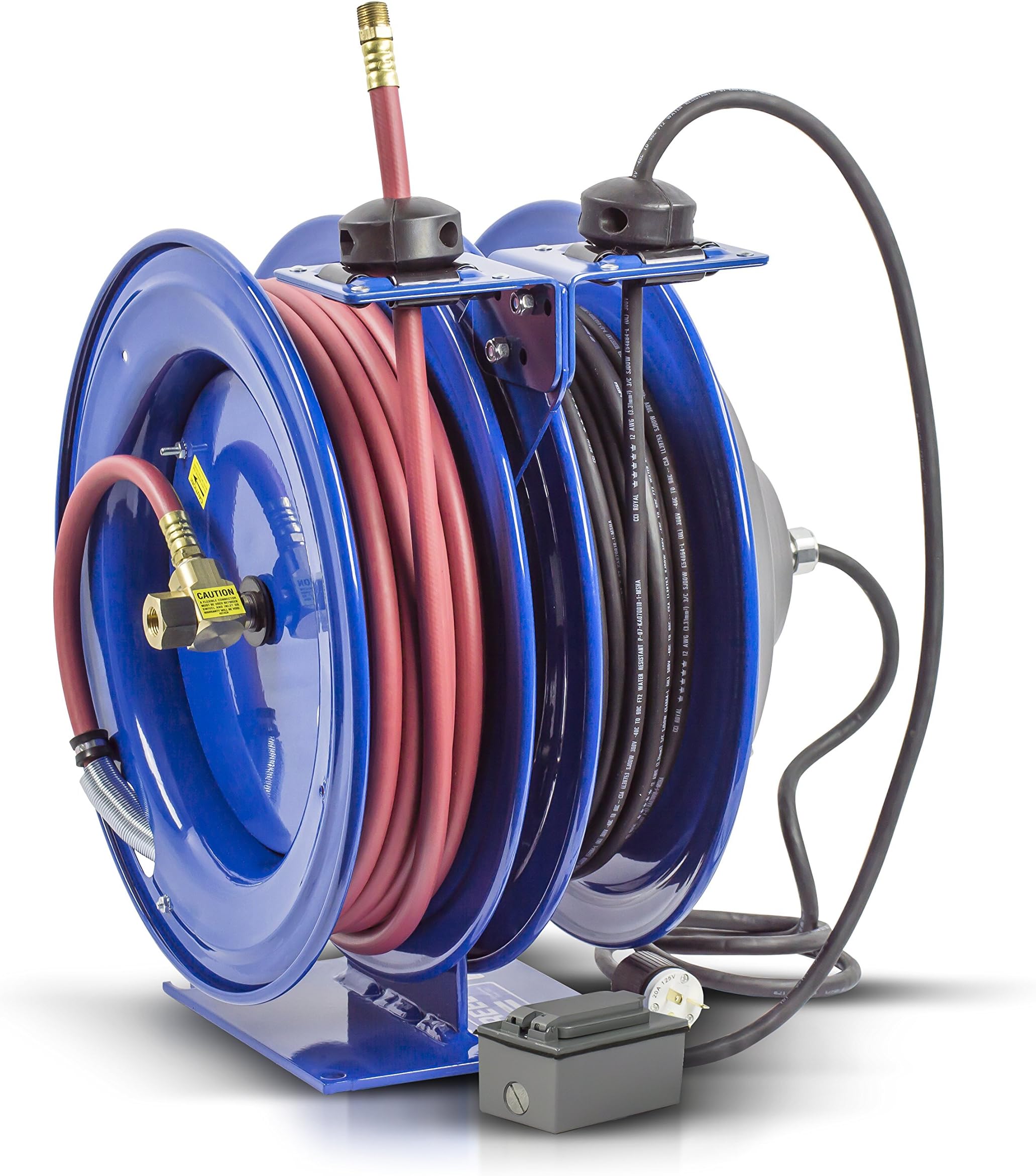 Coxreels C-L350-5012-F Dual Purpose Electric/Air Spring Rewind Reels: 50' 3/8" I.D. hose, 300 PSI; G.F.C.I. Receptacle, 50' cord, 12 AWG