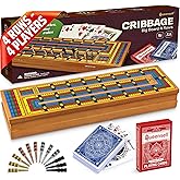 Cribbage Board Game Set with Storage &ndash; Wooden 4 Track Cribbage Board for 2&ndash;4 Players with Metal Pegs &amp; Playing Cards &ndash; Classic Travel &amp; Home Board Game