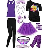 AOTHSO 24 Pieces Halloween Women 80s Costume Accessories Set 80s Cosplay T-Shirt Tutu Pants Racerback Top Fanny Pack Gloves