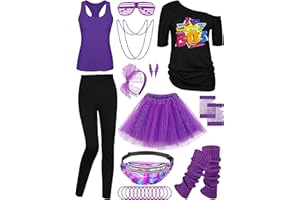 AOTHSO 24 Pieces 80s Costumes for Women, 80s Outfit Cosplay T-shirt Tutu Pants Racerback Top Gloves Accessories