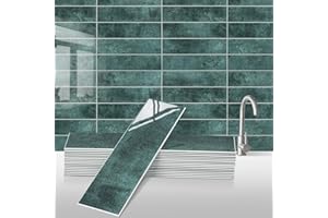 AllDecoo 24-Pieces Peel and Stick Tiles for Kitchen Backsplash, New Upgrade Design 12" x 3"PVC Subway Backsplash Tiles, Marble Green Premium Finger Tiles, Peel and Stick Backsplash for Kitchen（Green）.