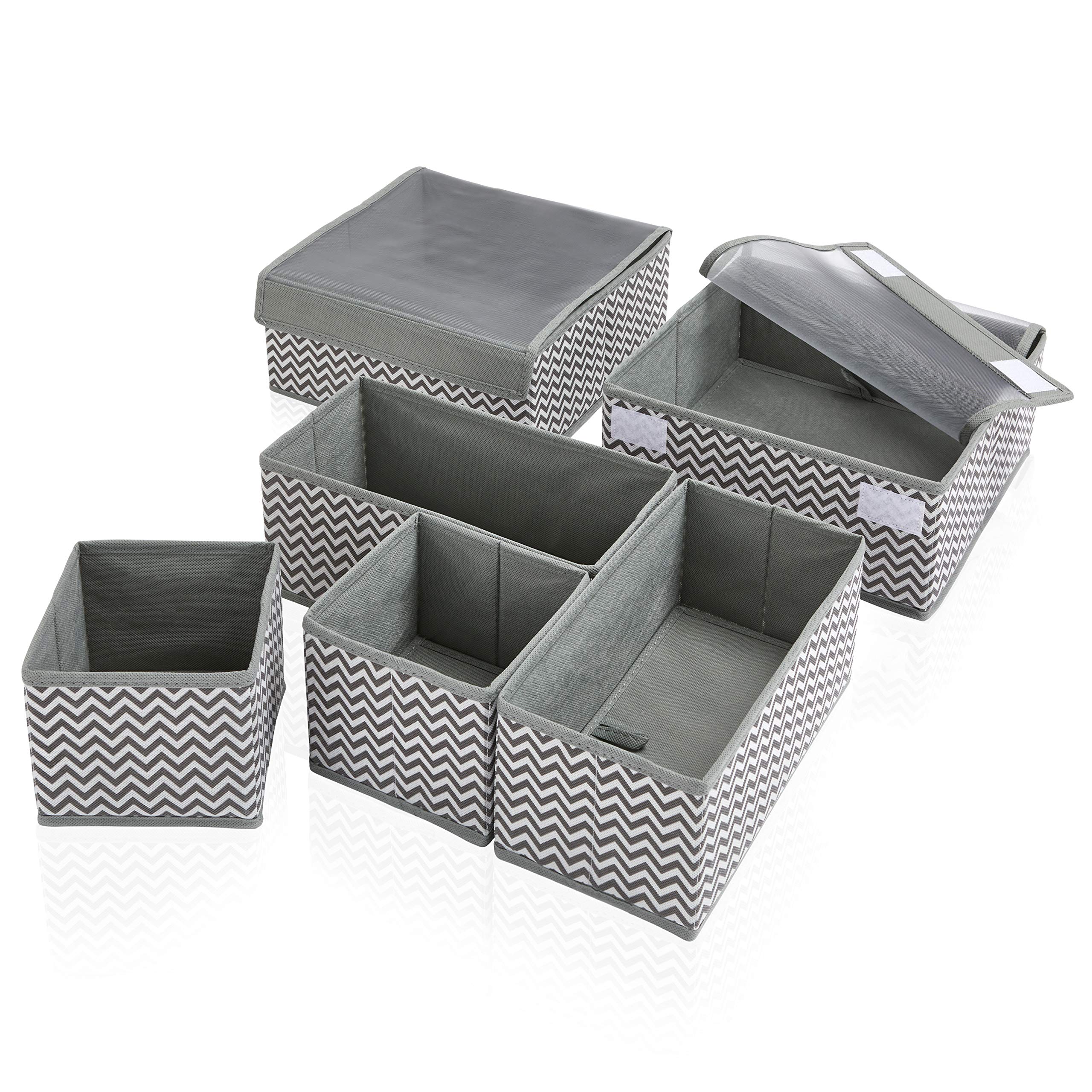 Meshkey Drawer Organisers Storage Divider With Lid, Foldable Dresser Organiser Dividers, Wardrobe Boxes to Tidy Bedroom, Drawers, underwear, Makeup, Bra Collapsible Fabric Box (6 PC) – Grey & White