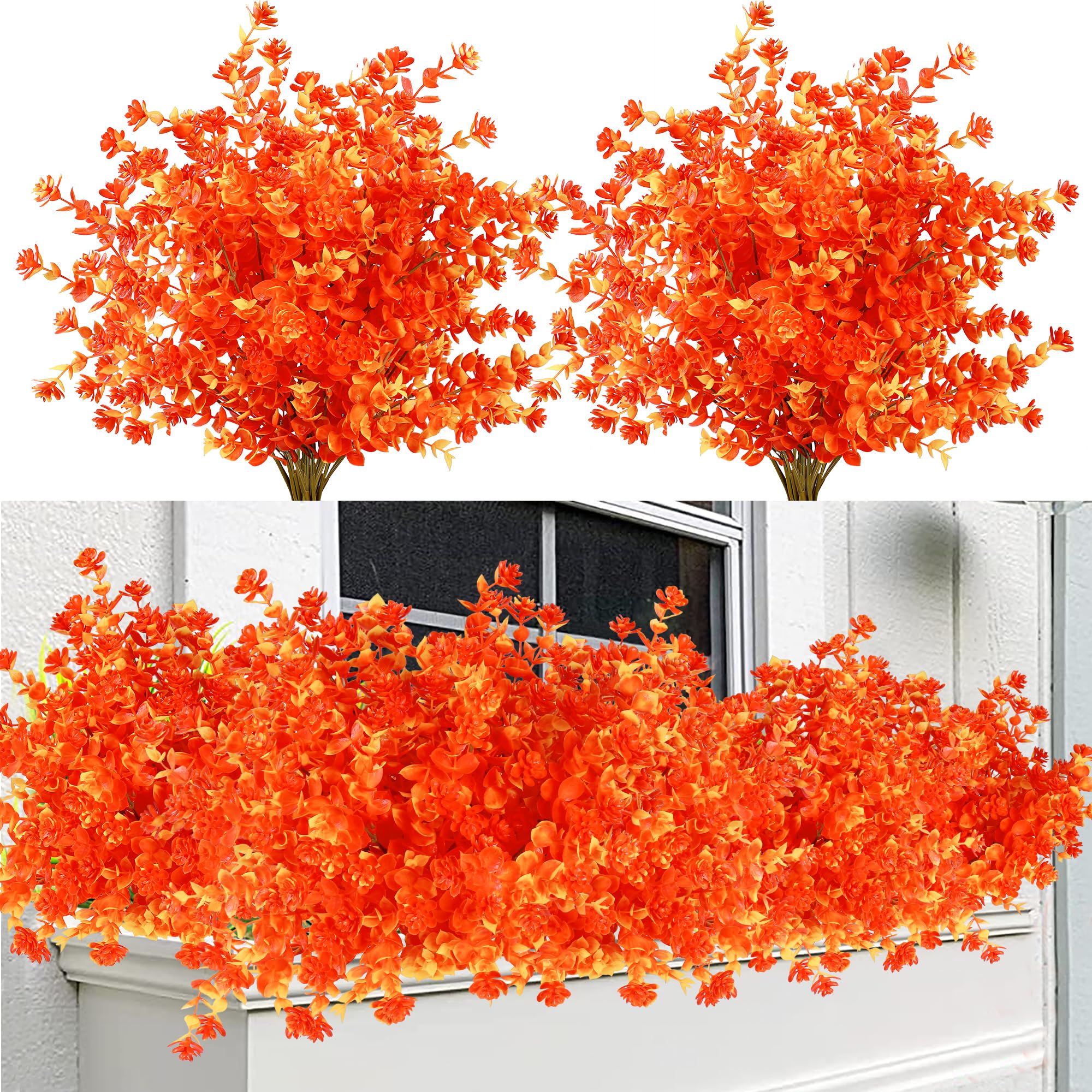 Sggvecsy 12 Bundles Artificial Flower Fall Eucalyptus Plants Fake Bushes Boxwood Shrubs Outdoor Greenery UV Resistant Faux Plastic Plants for Home Garden Indoor Thanksgiving Autumn Decor (Fall Orange)
