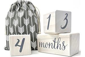 Pondering Pine Baby Milestone Blocks - Natural White Stain Pine Wood with Weeks Months Years Grade - Milestones Age Block Set with Bag, Newborn Weekly Monthly First Year Picture Props, Earth Friendly