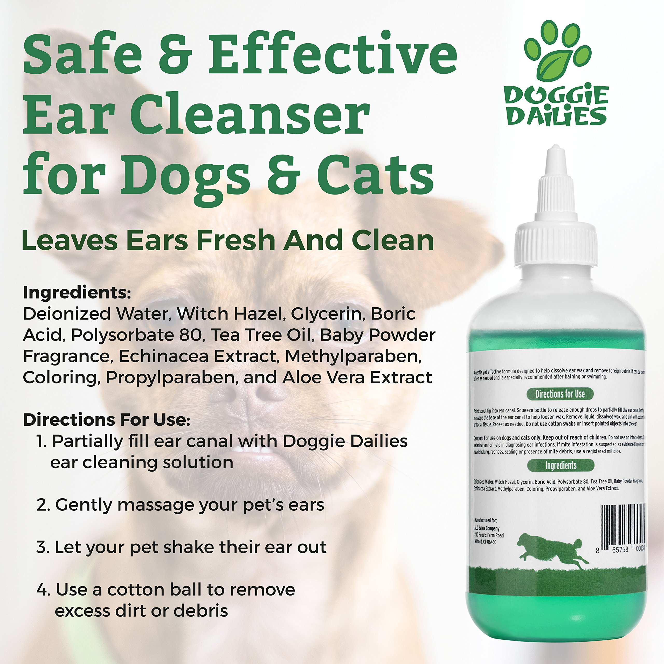 Doggie Dailies Pet Ear Cleaner Tea Tree Oil, Witch Hazel Soothing Aloe