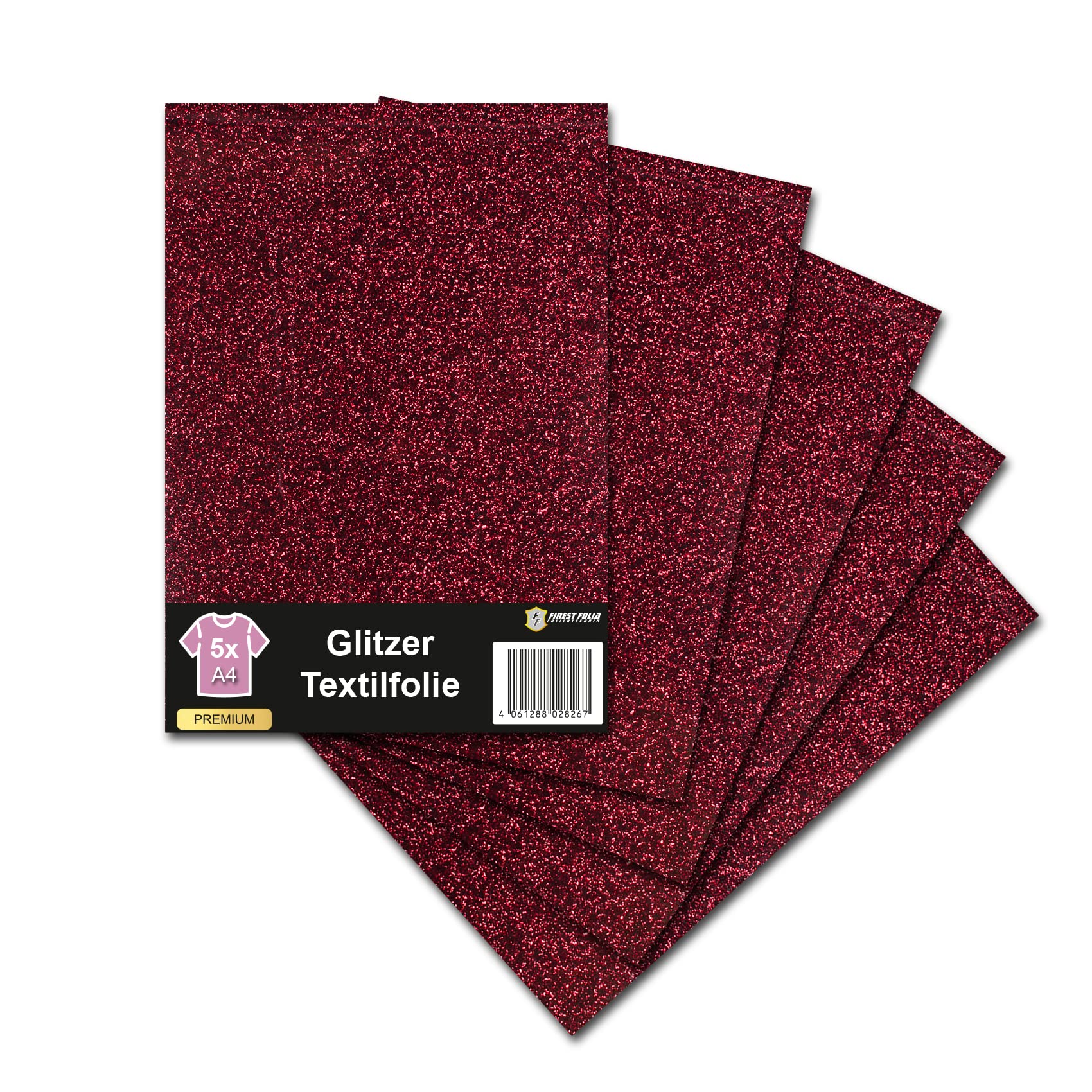 Glitter Textile Film for Plotter 48 Colours DIN A4 Sheet 30 x 20 cm Plotter Film on Fabrics Clothing T-Shirt Glitter Film Flex Film DIY Accessories (Set of 5, G0016 Burgundy)