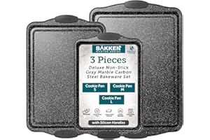 BAKKENMASTER BAKKEN Gray Marble Nonstick Baking Pan Set - 3-Piece Carbon Steel Bakeware with Silicone Handles - Professional Grade Oven Pans for Home Kitchen