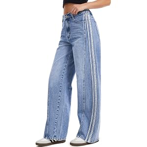Tapata Women's 28"/30"/32"/34" Wide Leg Jeans Side Stripe Mid-Rise Elastic Waist Denim Pants Trendy Baggy Loose Trousers