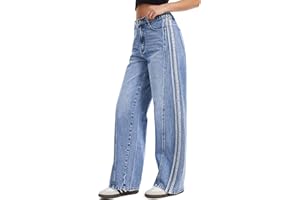 Tapata Women's 28"/30"/32"/34" Wide Leg Jeans Side Stripe Mid-Rise Elastic Waist Denim Pants Trendy Baggy Loose Trousers