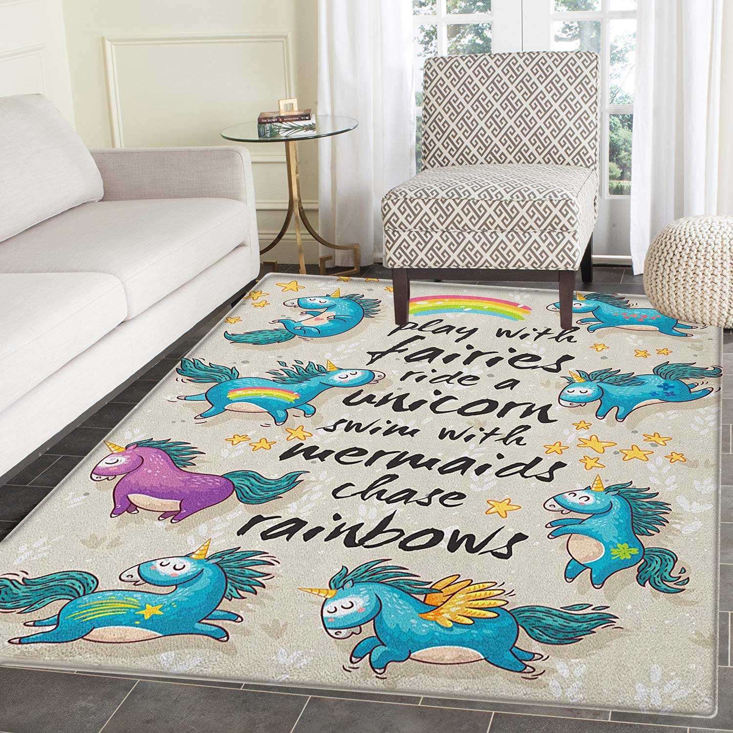 Cartoon Rugs For Bedroom Set Of Unicorns With Stars And Rainbow Legendary Creature Kids Theme Print Circle Rugs For Living Room 2 X3 Beige Teal Blue