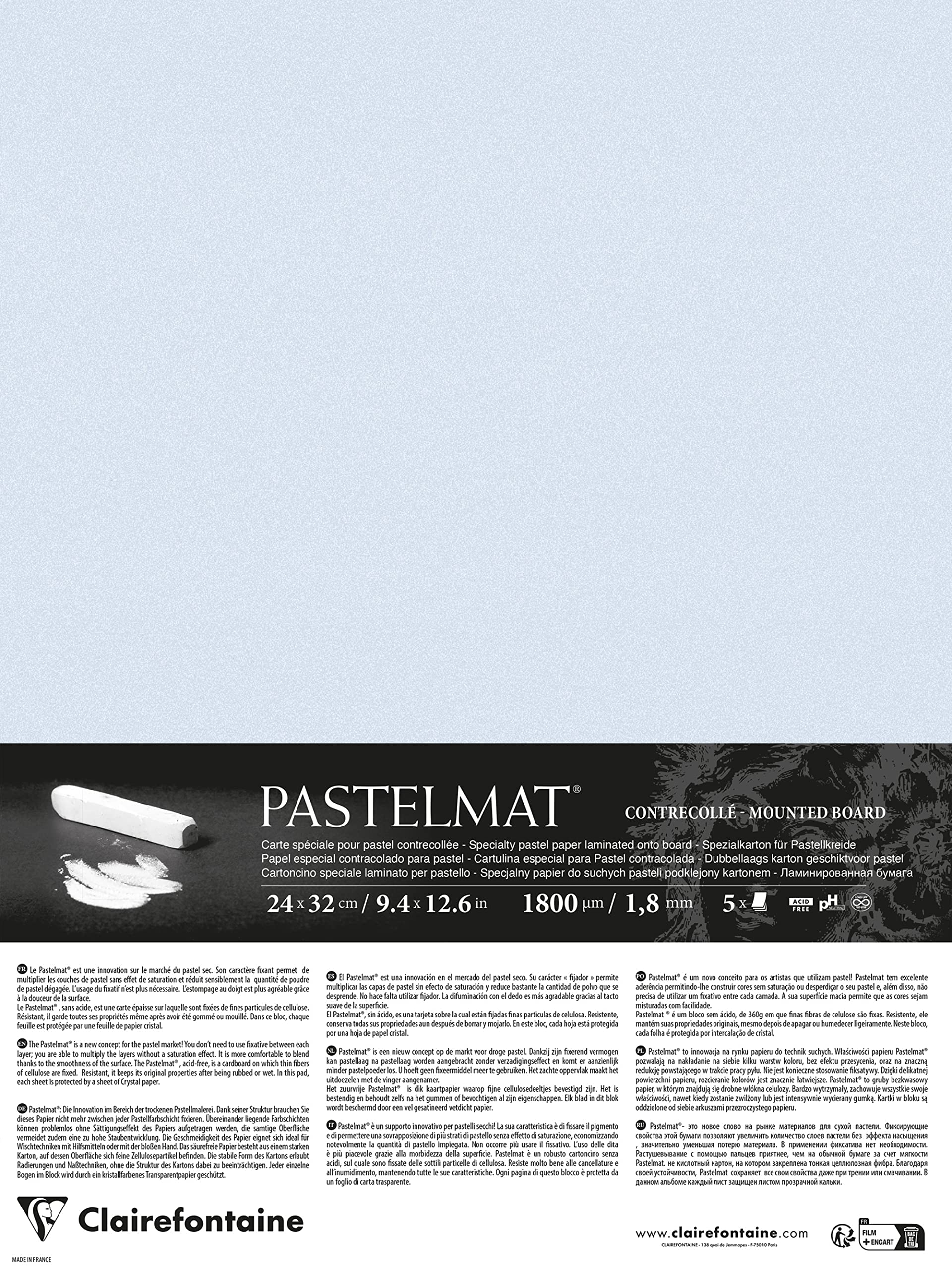 Clairefontaine 796013C - Pastelmat Laminated Paper - 5 Laminated Sheets Special Card for Dry Pastels - 24x32 cm 360g 1.8 mm - Light Blue - Made in France — image 1