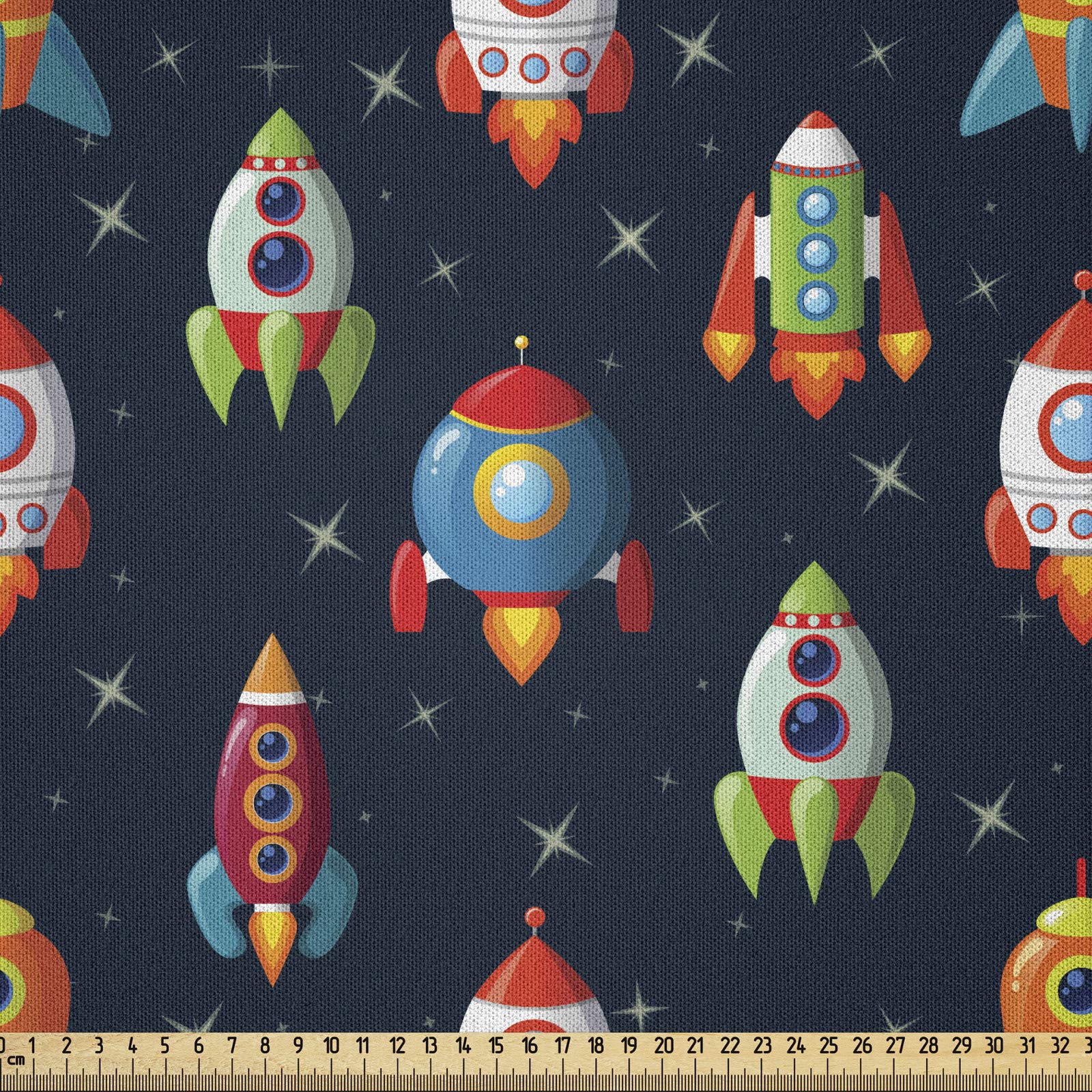 ABAKUHAUS Spaceship Fabric by the Yard, Cartoon Style Space Crafts Flying Through Cosmos Stared Background Astronauts, Microfiber Fabric for Arts and Crafts Textiles Decor, 3M (230x300cm), Multicolor
