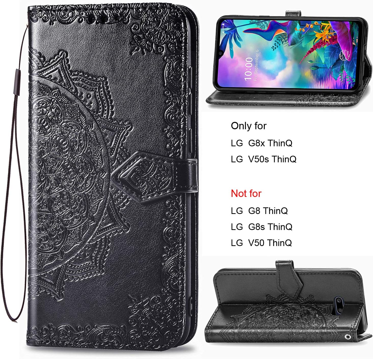 Urspasol for LG G8X ThinQ Case LG V50S ThinQ 5G Case Wallet Premium PU Leather Mandragora Folio Flip Stand Credit Card Slot Kickstand Magnetic Closure Cover Wrist Strap (Black)