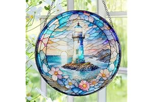 Stained Glass Window Hanging, Pauyadu Lighthouse Sun Catchers, Stained Glass Suncatcher, Lighthouse Decor Gifts for Women, Men, Lovers, Friend, Family and Partners- 8 Inch
