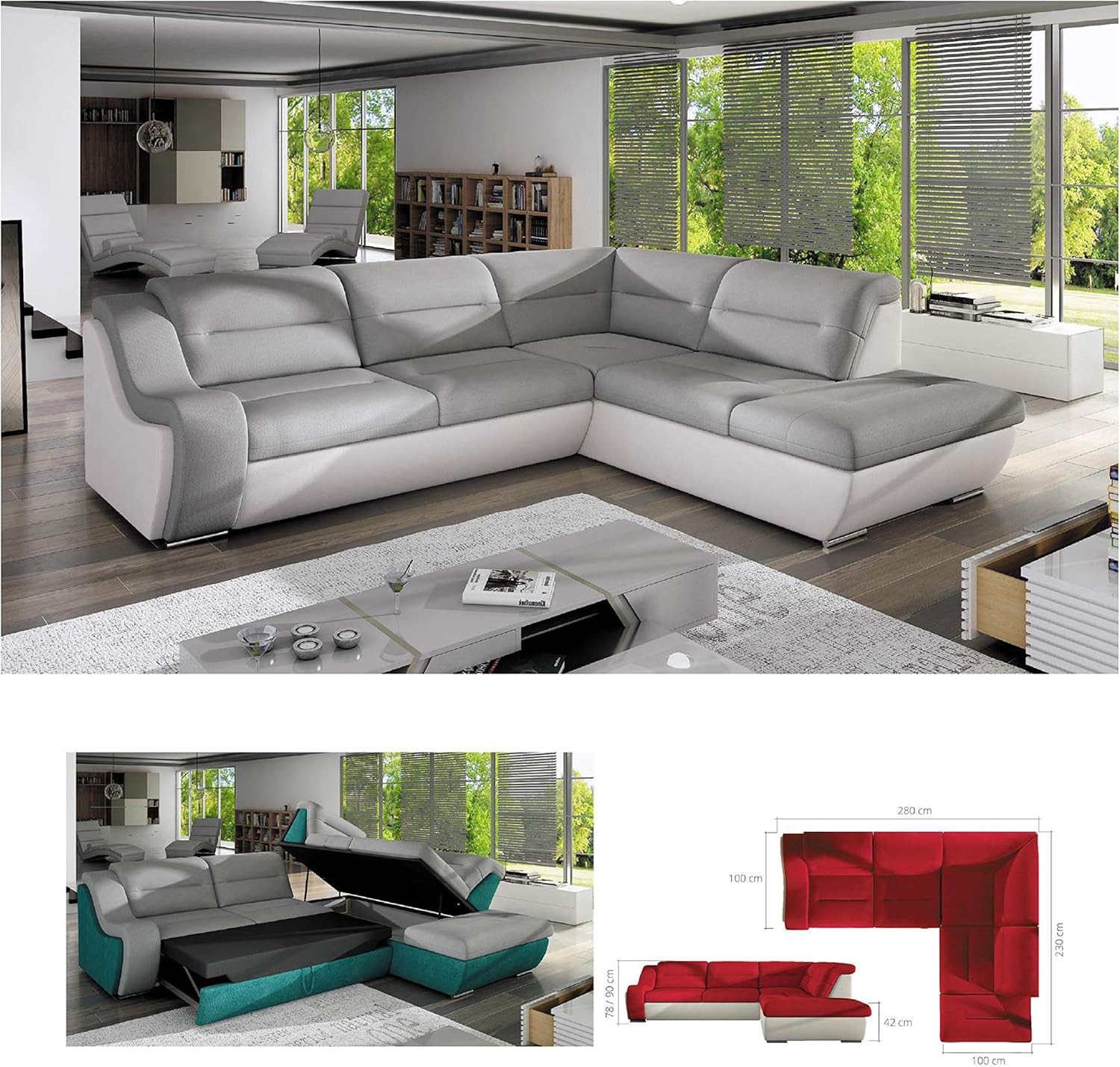 Bmf Galaxy C White Grey Modern Corner Sofa Bed Storage Faux
