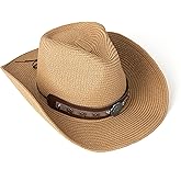 EOGIMI Western Style Classic Cowboy Straw Hat Wide Brim Cowgirl Hat with Belt Buckle