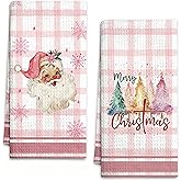 Geuro Christmas Kitchen Towels Set of 2, Santa Claus Pink Checkered Dish Towel 16x24 Inch Winter Christmas Trees Farmhouse Bath Hand Towel, Kitchen Tea Towels Decorative for Home