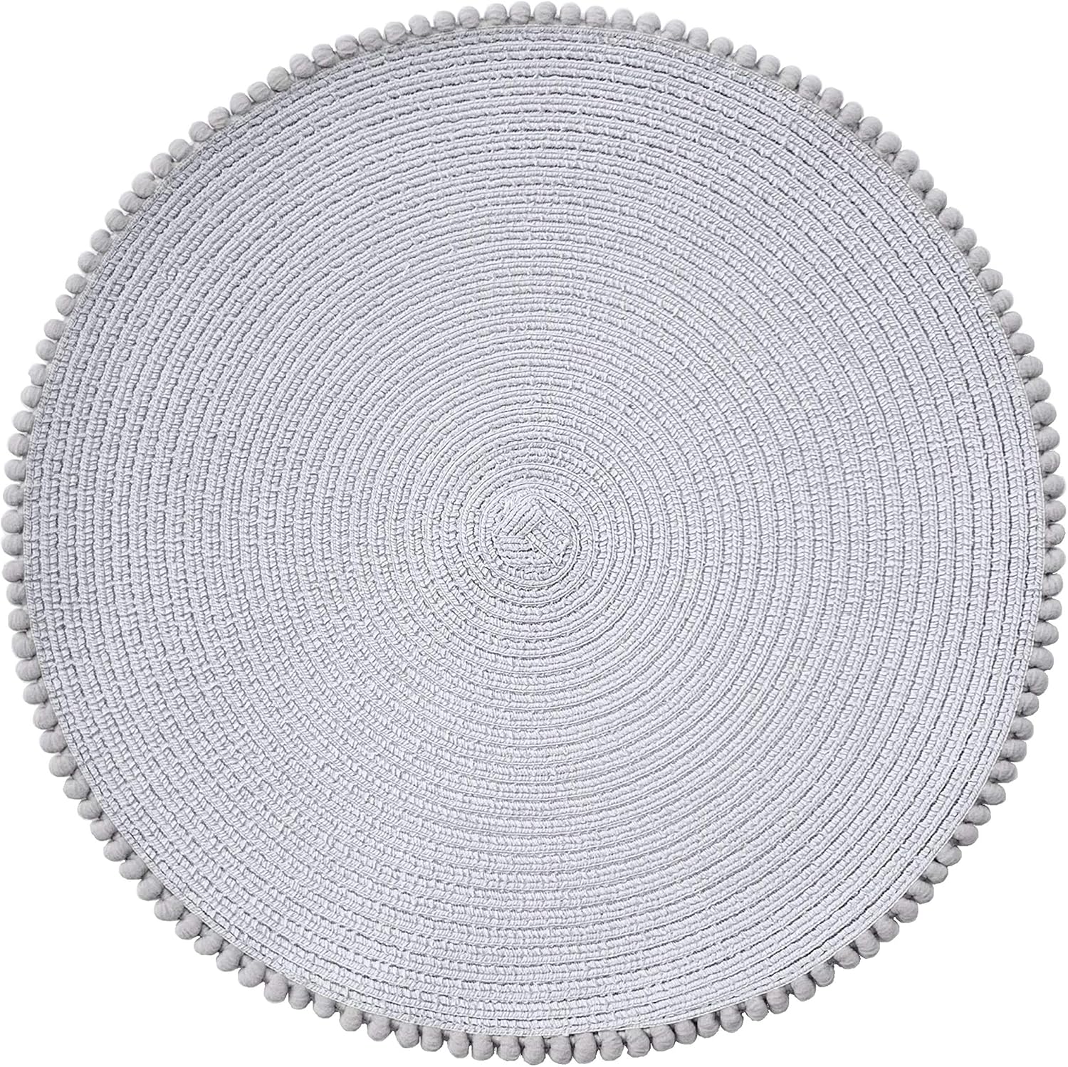 Round Placemats for Dining Table Set of 4, Size in 15 inches Diameter. Circular Place mat with pom poms Trim (Light Grey)