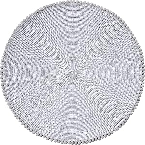 Round Placemats for Dining Table Set of 4, Size in 15 inches Diameter. Circular Place mat with pom poms Trim (Light Grey)