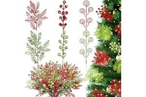 MOUCUNY 48 Pcs 12 Inch Christmas Tree Picks Christmas Red Green Artificial Curly Berry Stems Ornaments Glitter Artificial Berry Stems Branches Decorative Sticks for Xmas Tree Topper Wreath Craft Vase Filler