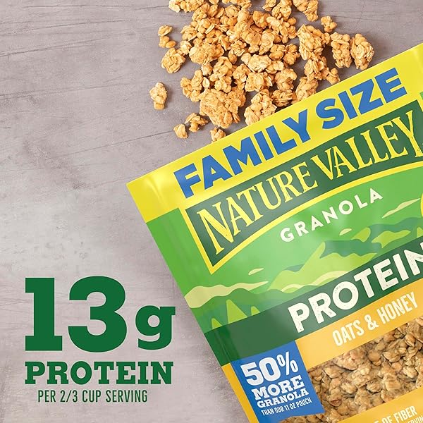 NATURE VALLEY PROTEIN GRANOLA, OATS AND HONEY GRANOLA, RESEALABLE SNACK POUCH, FAMILY SIZE, 17 OZ