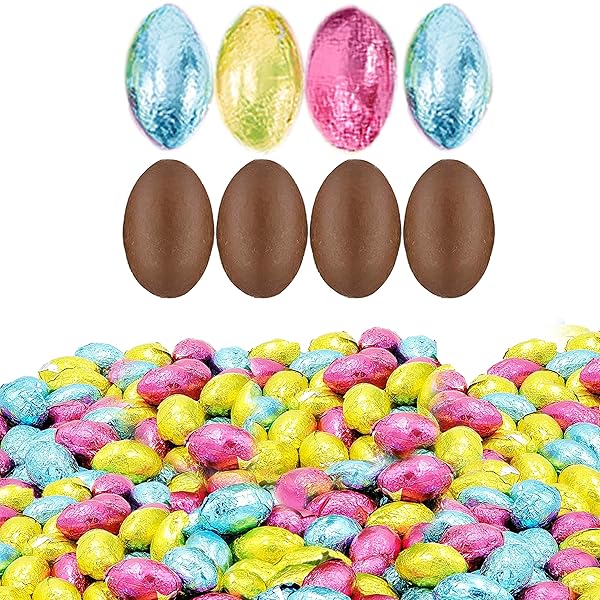 THE DREIDEL COMPANY EASTER CHOCOLATE EGGS, MULTICOLORED FOIL WRAPPED MILK CHOCOLATE IN EASTER EGG BOX, 1LB APPROXIMATELY – 90 EGGS