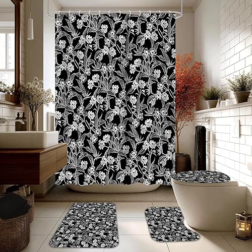 Lofaris Gothic Shower Curtain Set 4 Pcs - Halloween Skull Floral Bathroom Decor with Non-Slip Rugs