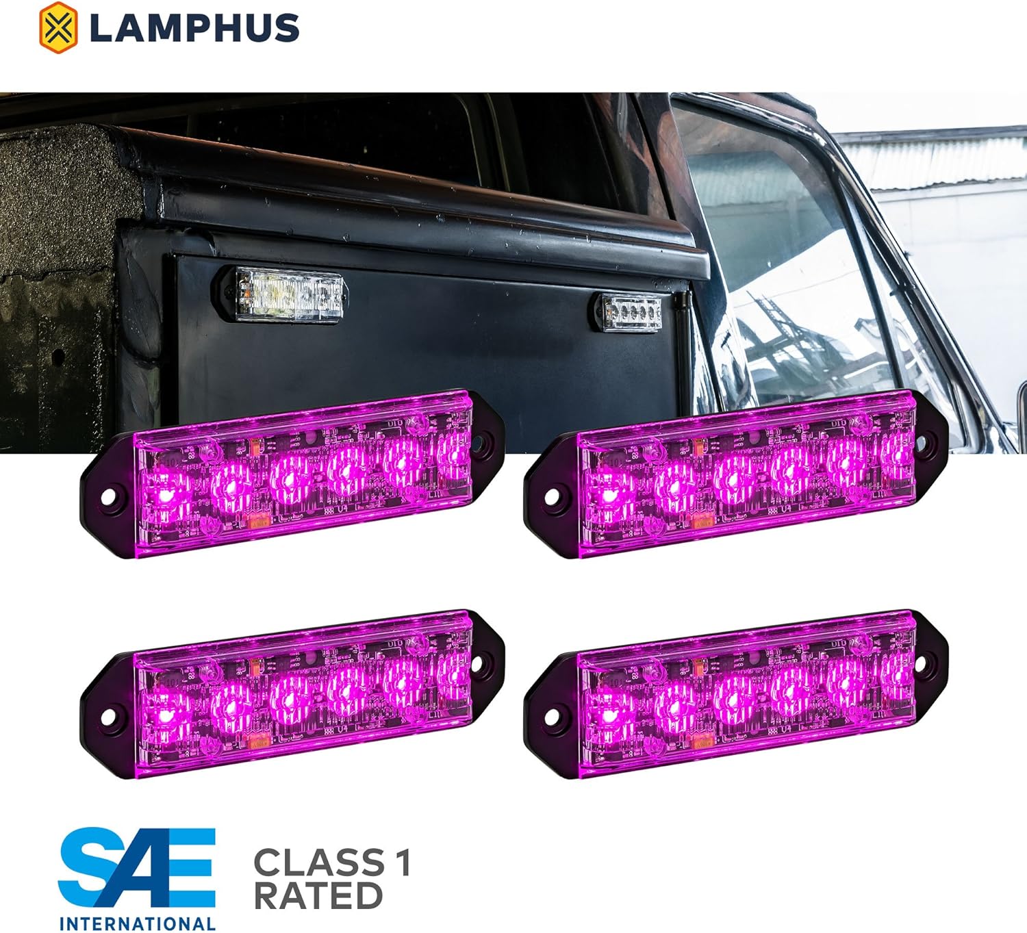 4pc PlanarFlash 6W Purple LED Flashing Strobe Light Head [Ultra Flat] [SAE Class 1] [72 Flash Mode] [Multi Units Sync-able] [Surface-Mount] Purple Emergency Grille Police Light for Funeral Service