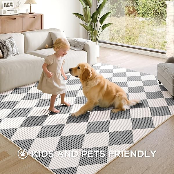 ARKIIKI 3X5 WASHABLE CHECKERED RUGS FOR BEDROOM, GREY AND WHITE AREA RUG FOR LIVING ROOM, GEOMETRIC DIAMOND INDOOR RUG FOR KIDS, GIRLS, BOYS PLAYROOM, DORM, NURSERY, DINING ROOM, KITCHEN, NON SLIP