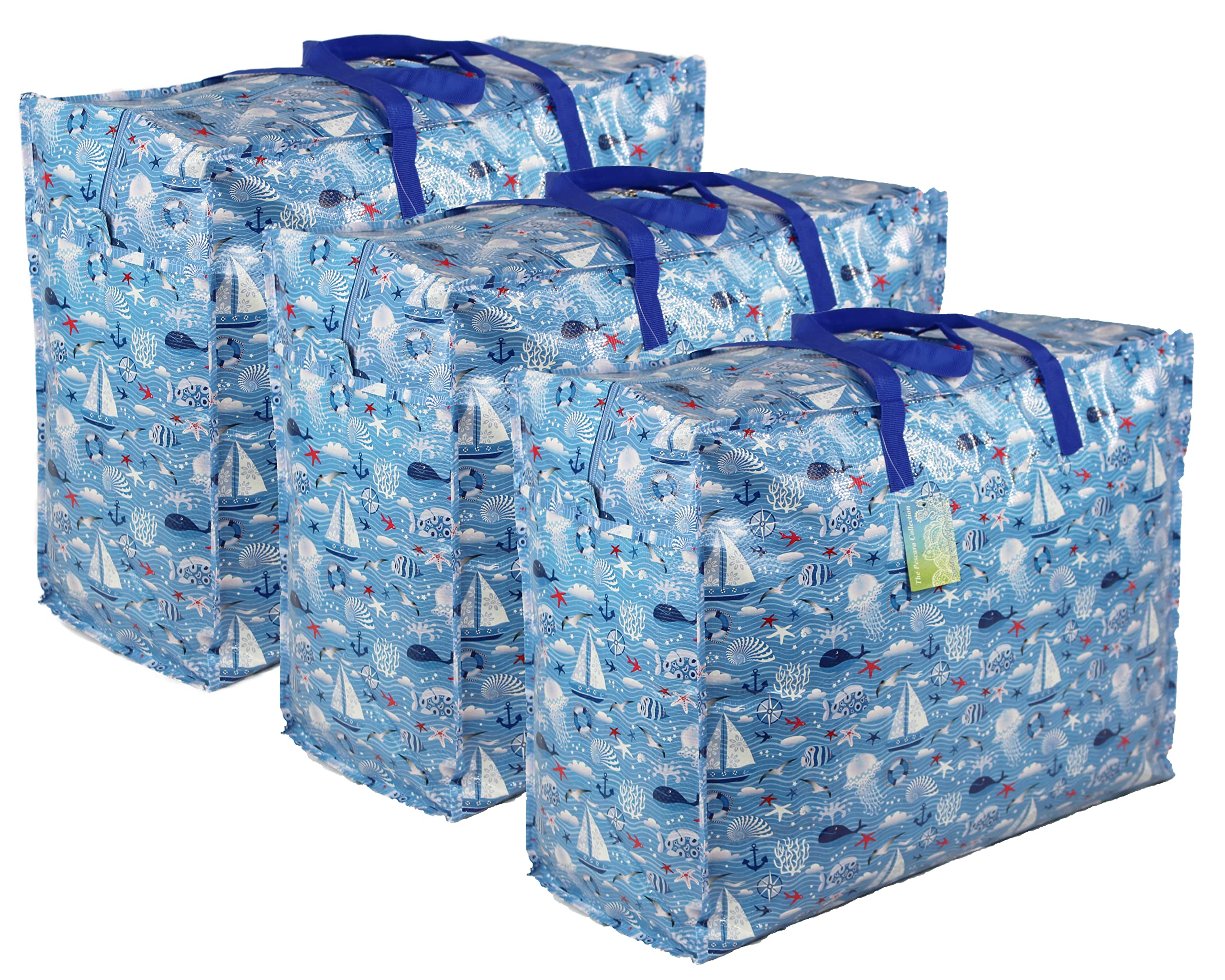 Storage Bags Water & Dust Resistant. Double zipped storage bags for toys, laundry, bedding. Underbed Wardrobe Space Saver Blue Seaside print (65 ltr 3x Pack)