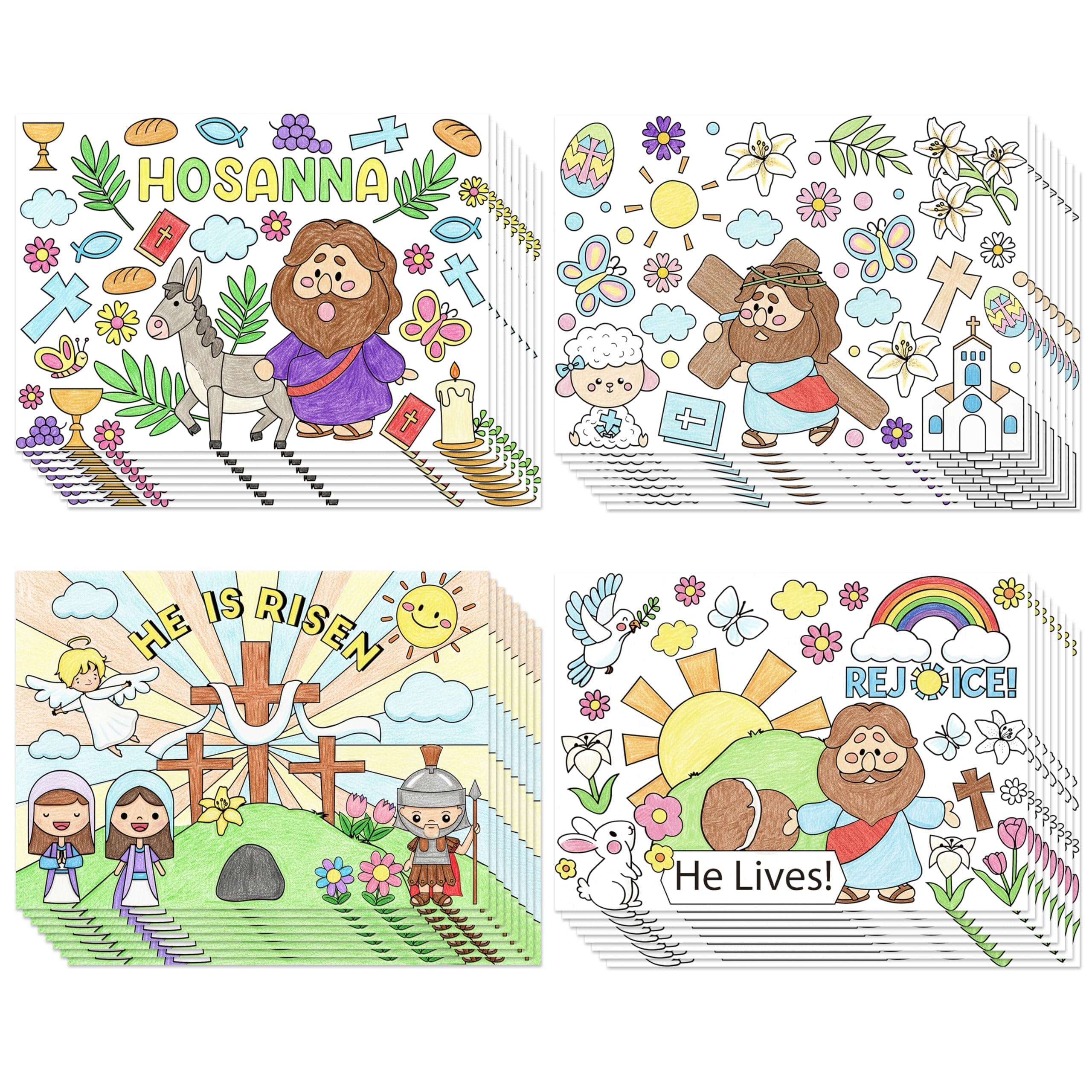 ANGOLIO Easter Christian Coloring Poster Cards for Kids - 32Pcs He Is Risen Religious Activity Pages with Jesus Cross Egg Bunny Sunday School Crafts Church Class Party Favors Supplies - 5.9x8.3 Inches