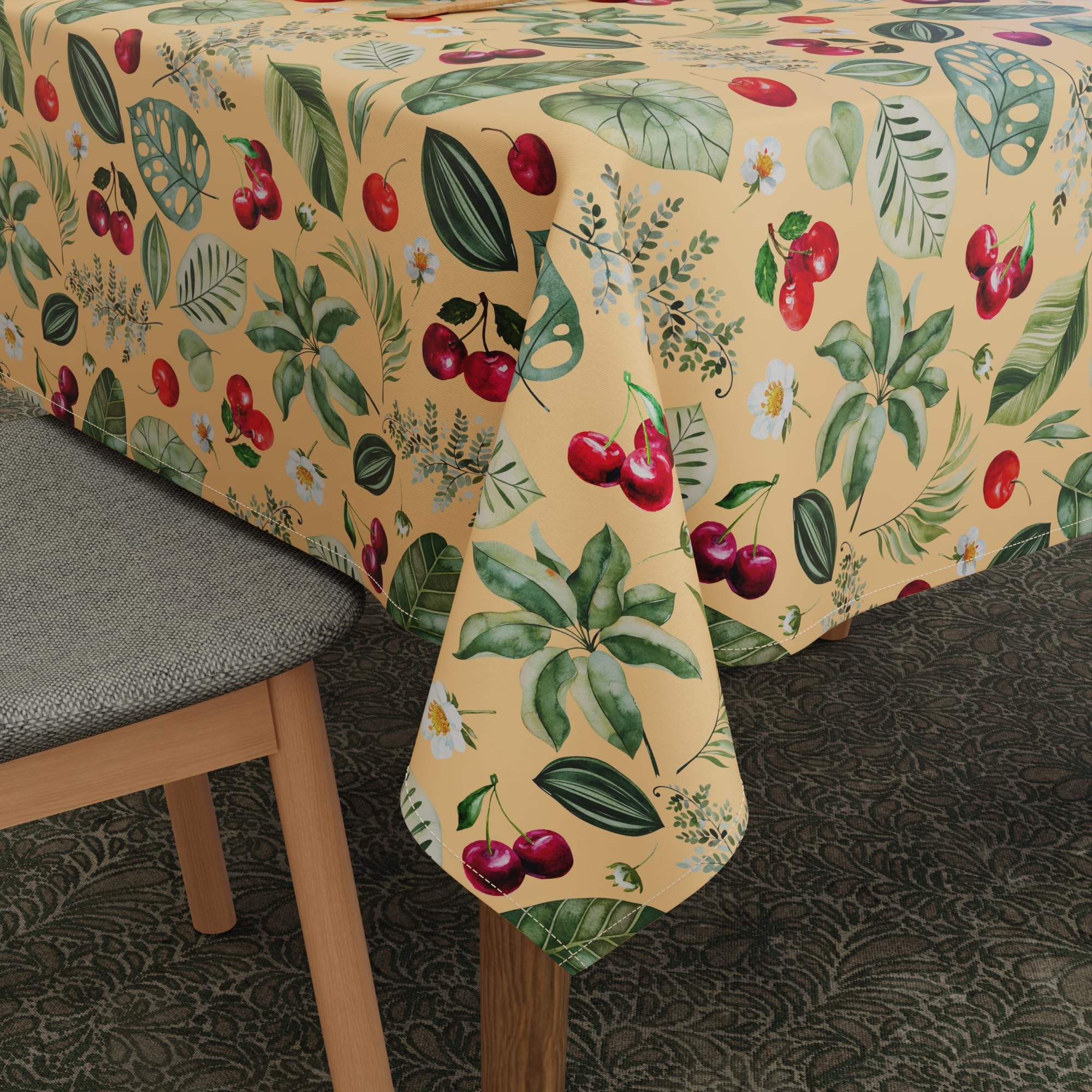 Encasa XO Polyester Printed Tablecloth, Twill Fabric Table Cover, Water Repllelant, Length 140x240 cm for 6 to 8 seater Rectangular Dining Table. Machine Washable, Durable - Cherry