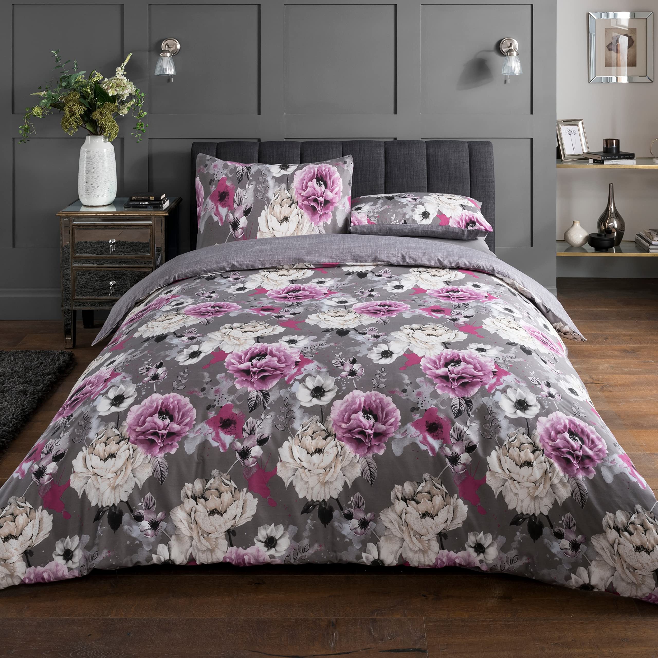 Sleepdown Inky Floral Grey Easy Care Soft Cosy Reversible Duvet Cover Quilt Bedding Set - 135 cm x 200 cm Plus 1 Pillowcase 80 cm x 80 cm
