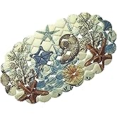 Ocean Shell Bath Mat for Shower Stall, Tub, Bathtub - Beach Starfish Seashells - Coastal Bathroom Bathmat with Anti Slip Suction Cup Back - Measures 25.75" Long x 14.5''W
