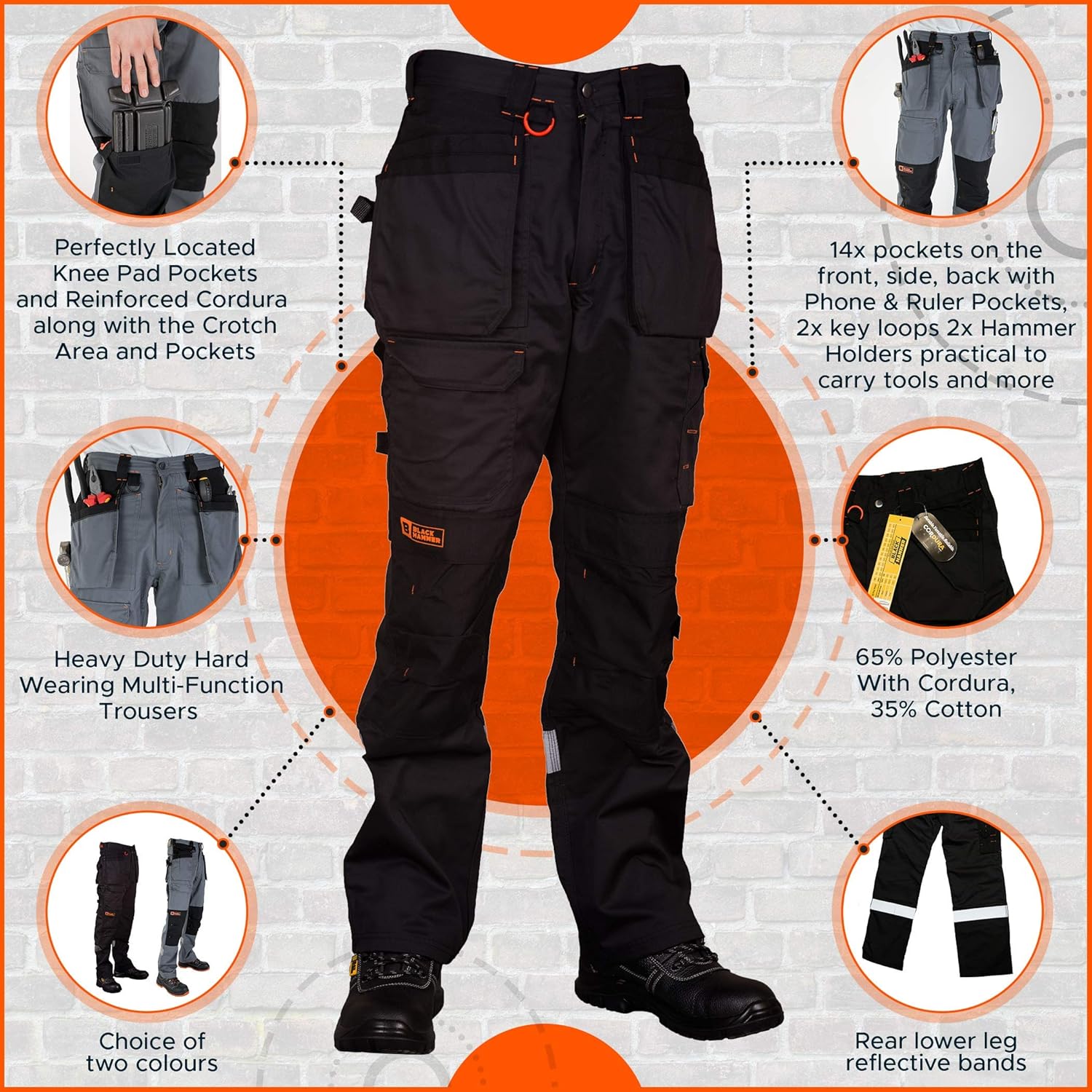 Super Saturday Black Hammer Mens Work Trousers Multi Pockets Cargo