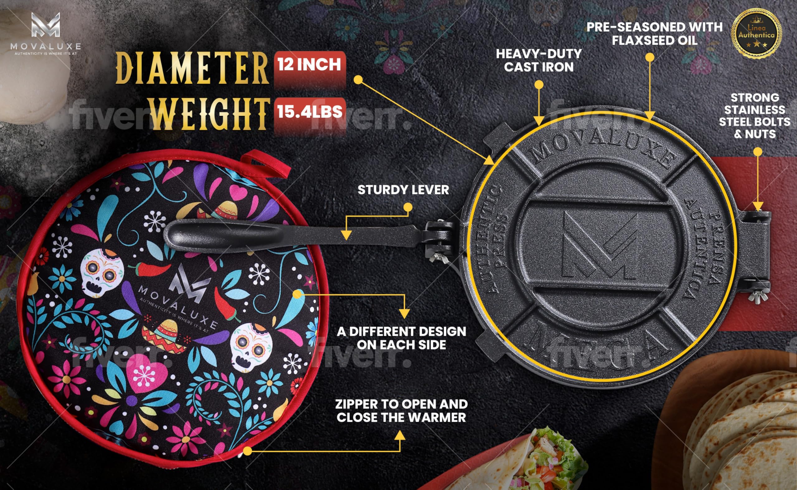 MOVALUXE® - Tortilla Press 12 inch Cast Iron Tortillas Maker. A Gift Set with a Warmer Pouch, 6 Taco Holders, Parchment Paper, Rubber Mat and Recipe E-book. The Perfect Roti, Chapati Dough Press