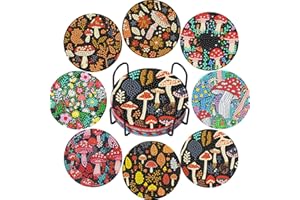 DOZEEZOP 8 PCS Diamond Art Coasters Kit, Mushroom Diamond Painting Coasters with Holder, Fall Diamond Art Kits for Adults Beginners, Arts and Crafts Supplies Party Item Sets