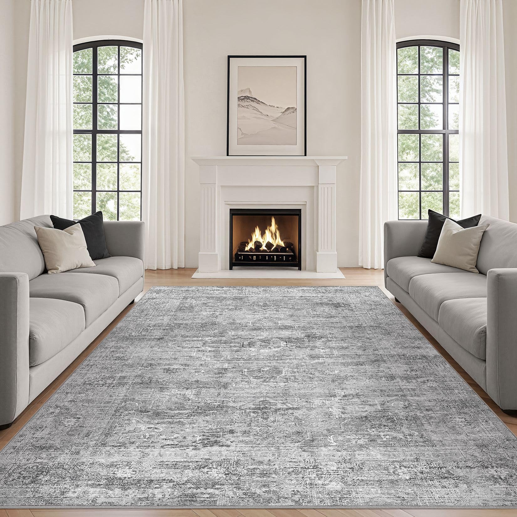 Grey Rug 7x9 Area Rug: Washable Boho Large Vintage Neutral Soft Rugs Stain Resistant Farmhouse Non-Slip Indoor Floor Carpet for Living Room Bedroom Playroom Office Dining Room Apartment Dorm