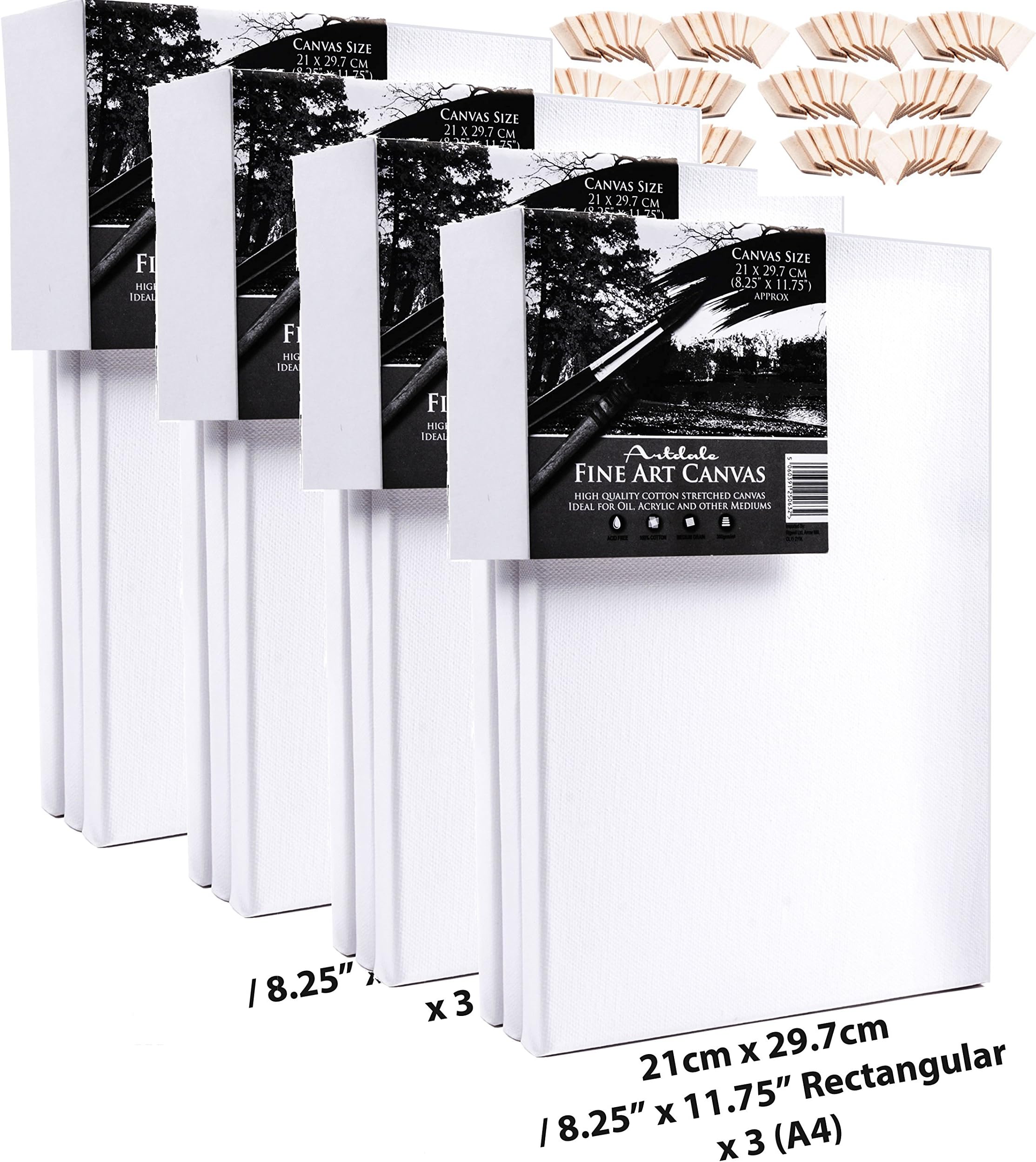 Artdale 12 Pack Standard Edge 17mm Framed Blank Pre Stretched Canvases Triple Primed 21cm x 29.7cm/8.25" x 11.75" (A4 Size) White Wood Frame 21cm x 29.7cm/8.25" x 11.75" - 100% Cotton