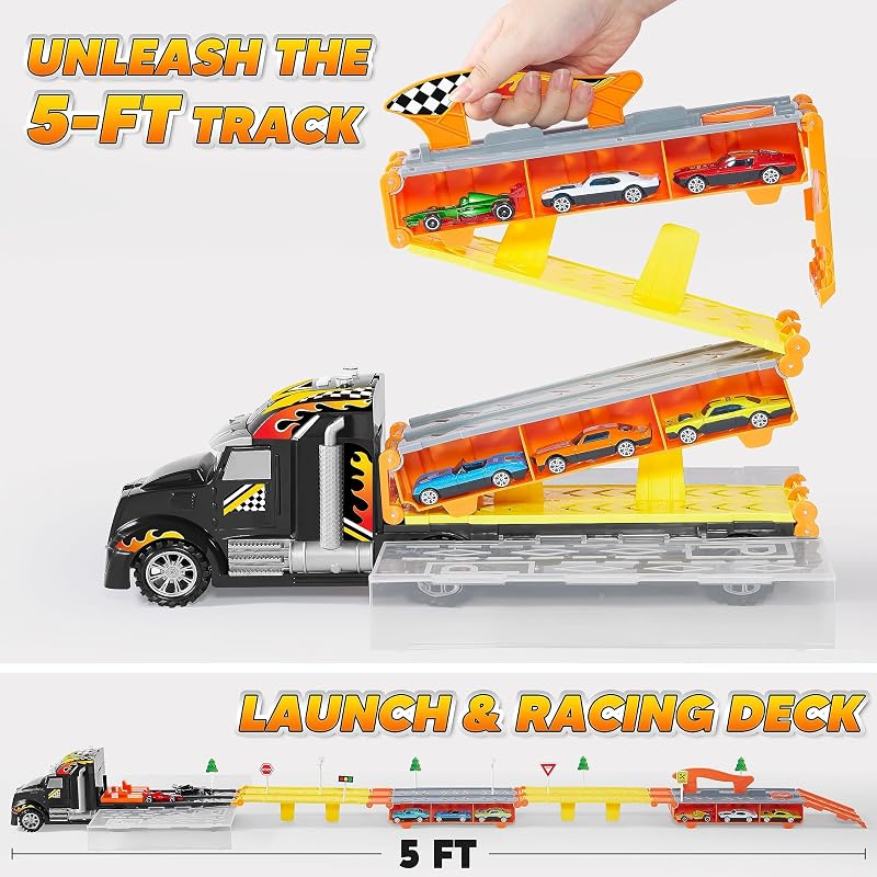 Camiones Juguete para Niños, 12 Vehículos de Juguete de Metal Fundido a presión con 2 lanzadores, Juguete Plegable Street Racer con Luces y Sonidos, Regalo para niños de 3 años en adelante