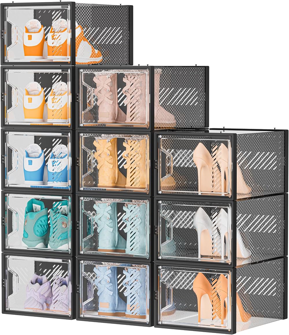 SIMPDIY Clear Shoe Storage Box 12 Pack Stackable with Lids UK Size 12