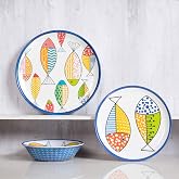 Gofunfun Melamine Dinnerware Set for 4,12PCS Fish Plates and Bowls Sets | Coastal Dishes Great for Camper, RV, Indoors Outdoors Use with Ocean Printed, Unbreakable and Dishwasher Safe，Multicolor