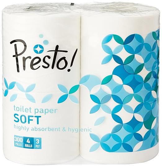 Amazon Brand - Presto! 3 Ply Toilet Paper/Tissue Roll - 4 Rolls (300 Pulls Per Roll)