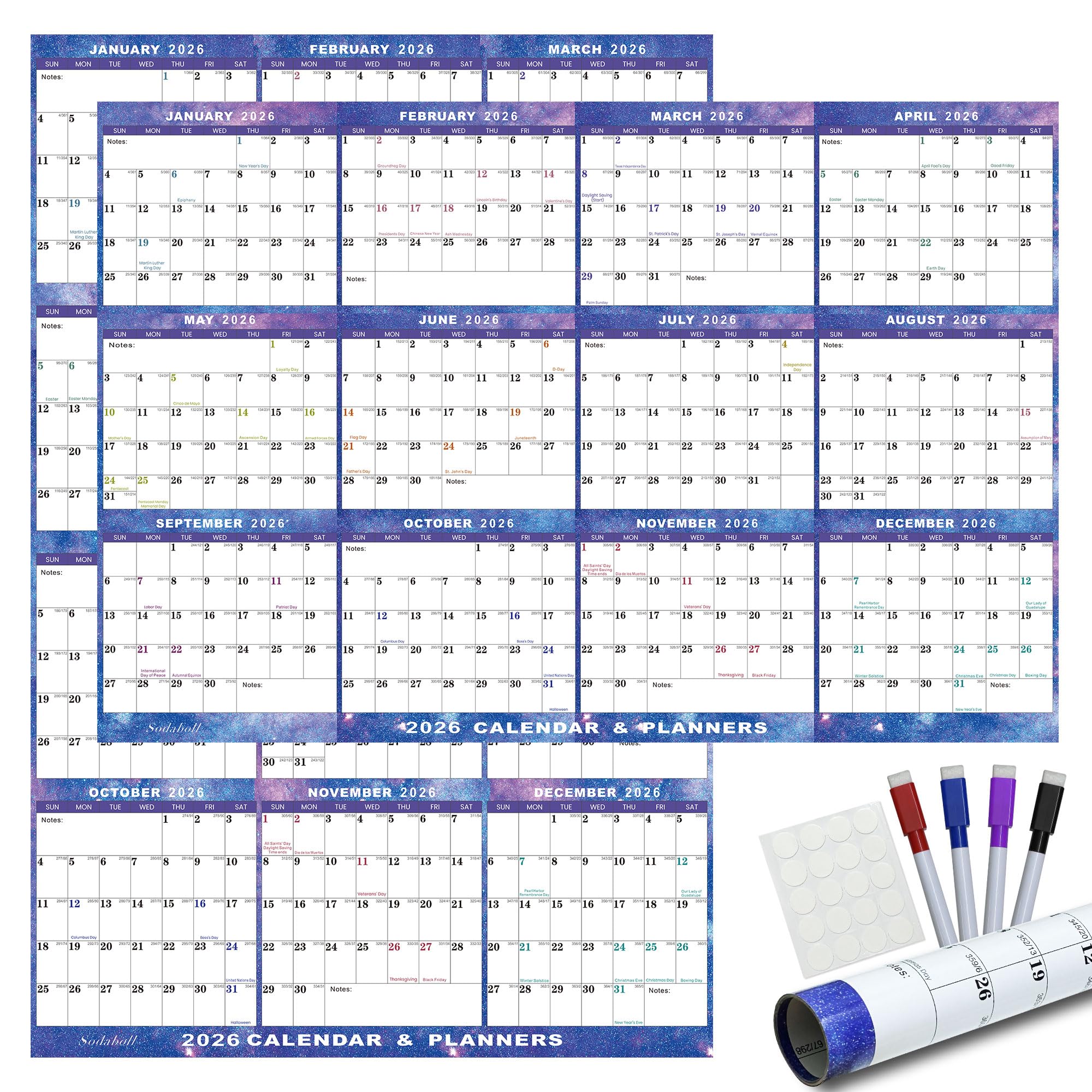 Photo 1 of 24" x 36" 2026 Wall Calendar Dry Erase - Large Starry Sky Calendar Wet & Dry Erasable Laminated 12 Month Annual Yearly Planner, Reversible, Horizontal/Vertical (2026 Wall Calendar)